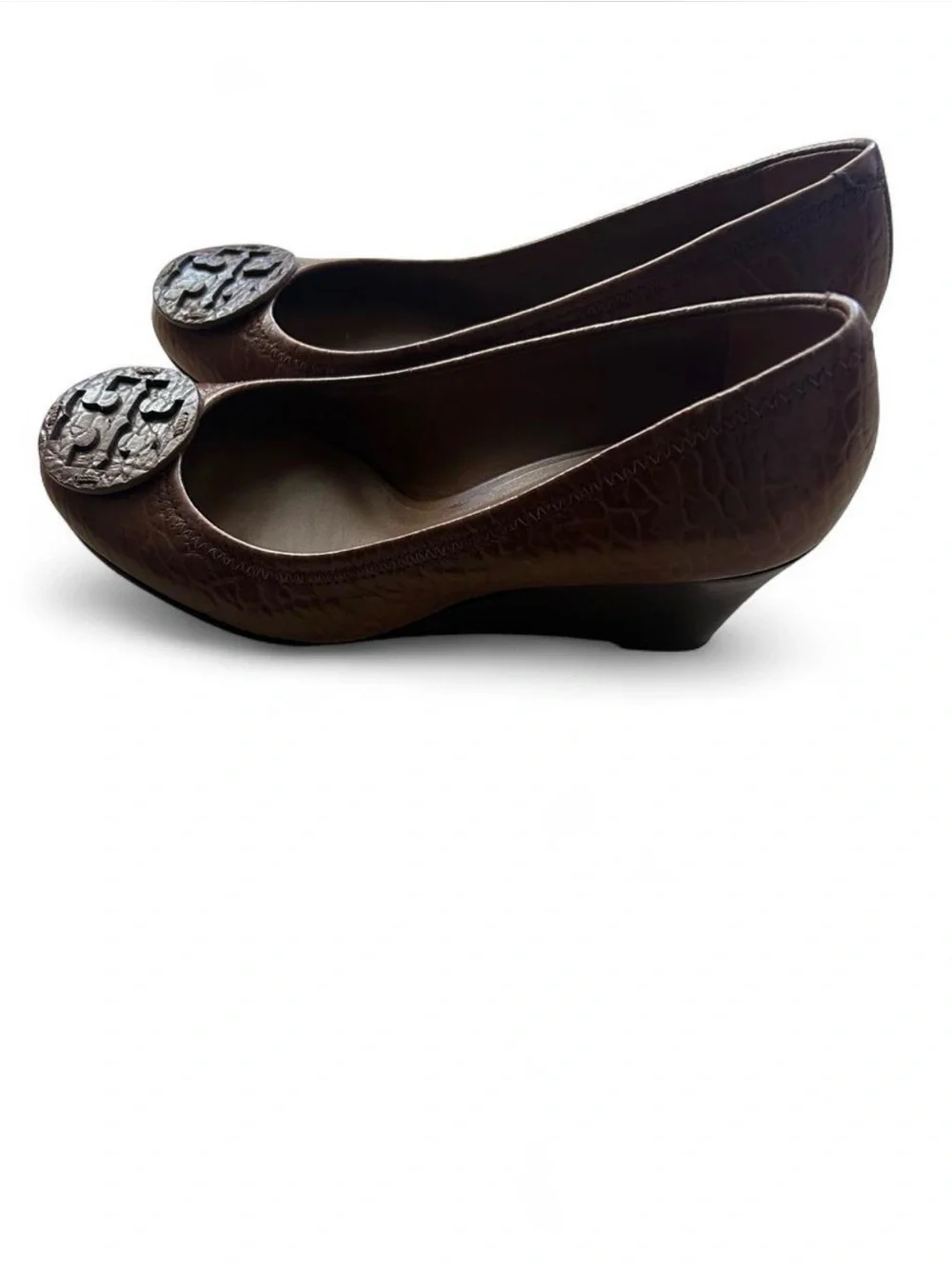 Tory Burch Brown Leather Logo Round-Toe  Wedge
